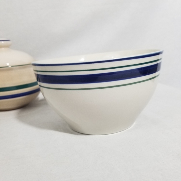 VTG cream with green and blue strip sugar, creamer and bowl set. - Picture 9 of 10